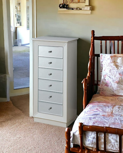 38" White Six Drawer Wood and Mirrored Glass Jewelry Armoire