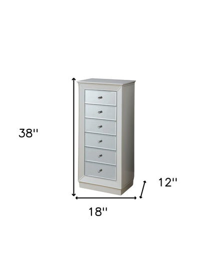 38" White Six Drawer Wood and Mirrored Glass Jewelry Armoire