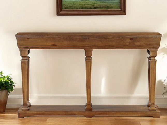 72" Oak Solid and Manufactured Wood Floor Shelf Console Table With Shelves