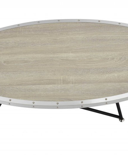 46" Natural and Black Wood And Iron Round Abstract Coffee Table