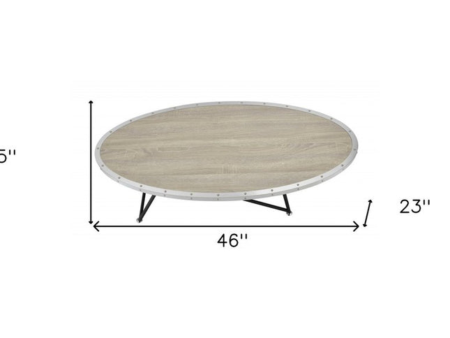 46" Natural and Black Wood And Iron Round Abstract Coffee Table