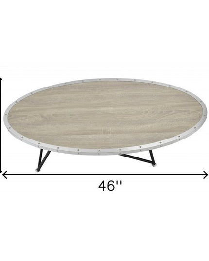 46" Natural and Black Wood And Iron Round Abstract Coffee Table