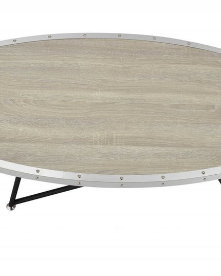 46" Natural and Black Wood And Iron Round Abstract Coffee Table