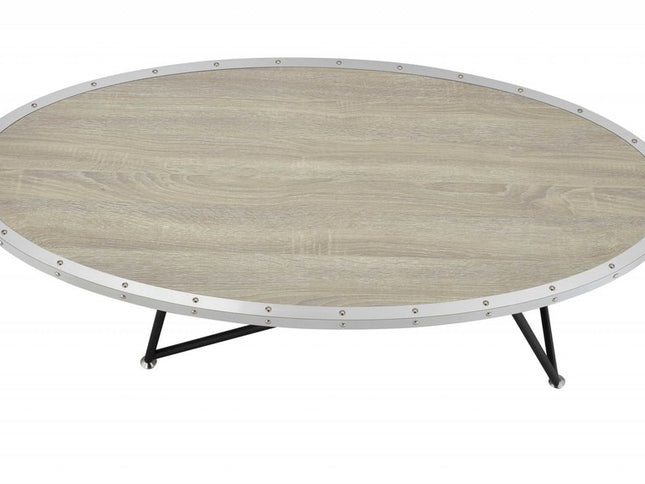 46" Natural and Black Wood And Iron Round Abstract Coffee Table