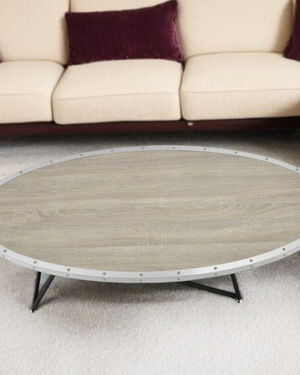 46" Natural and Black Wood And Iron Round Abstract Coffee Table