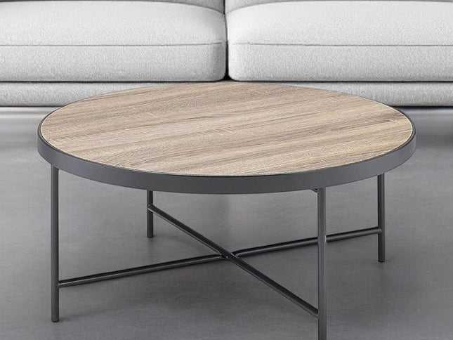 32" Brown and Black Wood And Iron Round Coffee Table