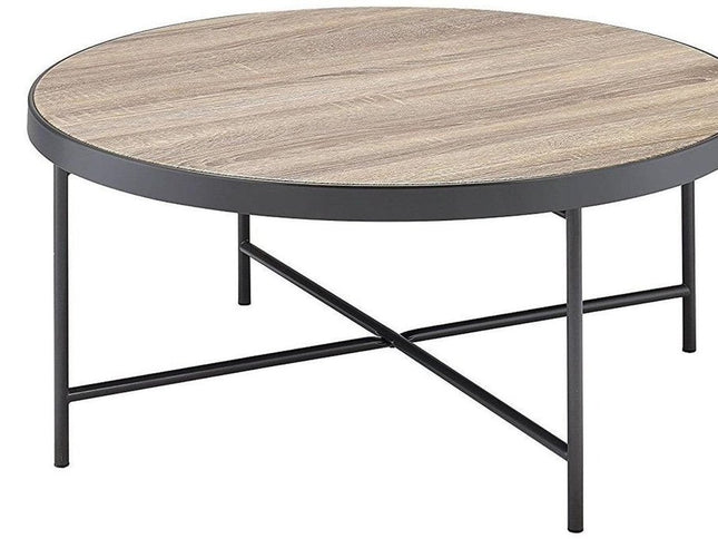 32" Brown and Black Wood And Iron Round Coffee Table