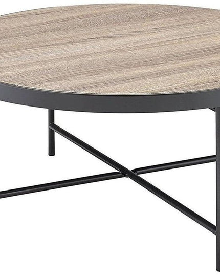 32" Brown and Black Wood And Iron Round Coffee Table