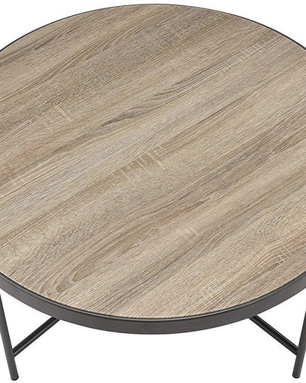 32" Brown and Black Wood And Iron Round Coffee Table