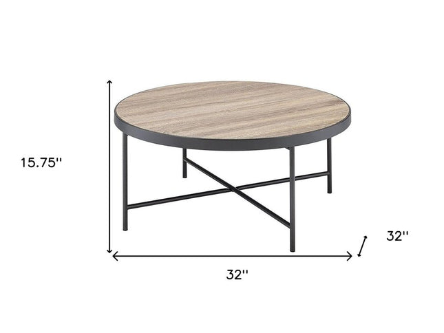 32" Brown and Black Wood And Iron Round Coffee Table
