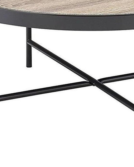 32" Brown and Black Wood And Iron Round Coffee Table