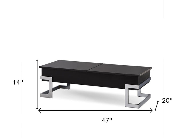 47" Black and Silver Wood And Iron Lift Top Sled Coffee Table