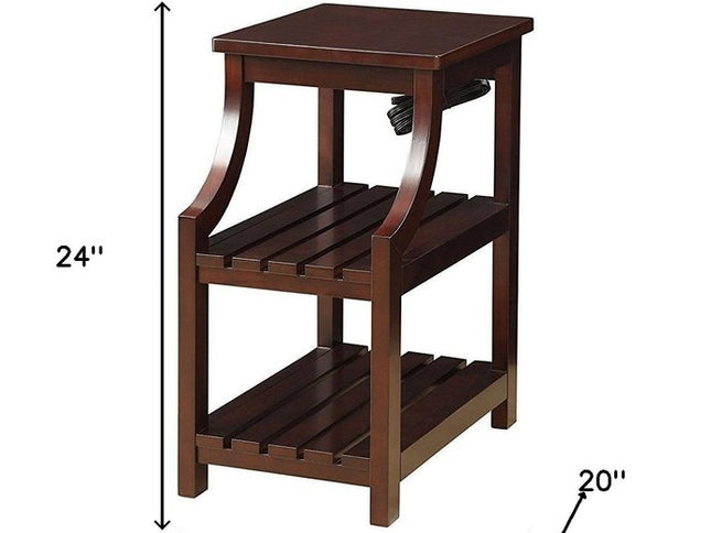 24" Brown Wood End Table With Two Shelves And USB Port