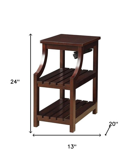 24" Brown Wood End Table With Two Shelves And USB Port