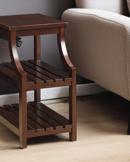 24" Brown Wood End Table With Two Shelves And USB Port