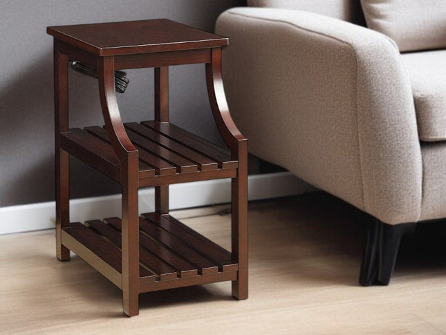 24" Brown Wood End Table With Two Shelves And USB Port