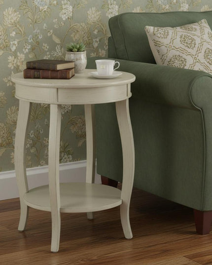 24" White Solid Wood Round End Table With Shelf