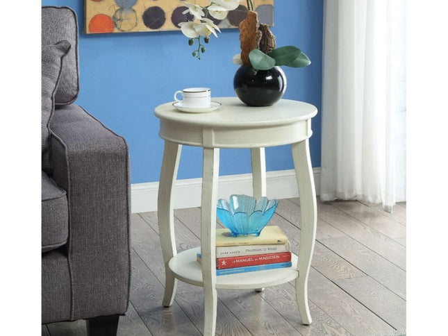 24" White Solid Wood Round End Table With Shelf