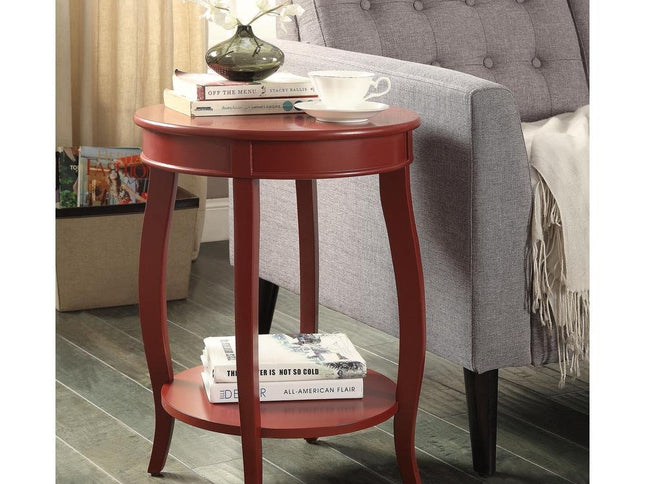 24" Red Wood Round End Table With Shelf