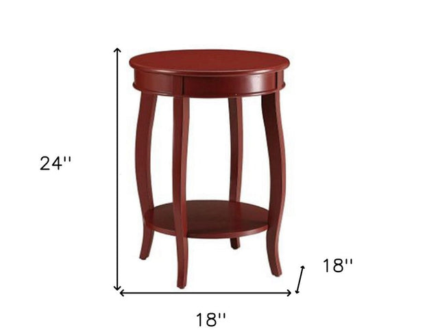 24" Red Wood Round End Table With Shelf