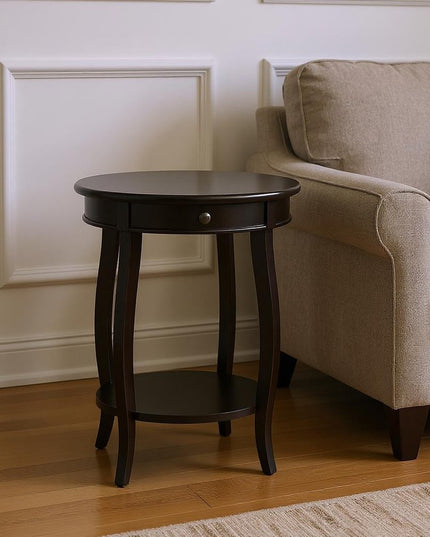 24" Black Wood Round End Table With Drawer And Shelf