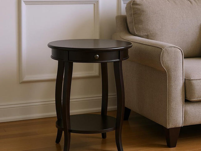 24" Brown Solid Wood Round End Table With Shelf