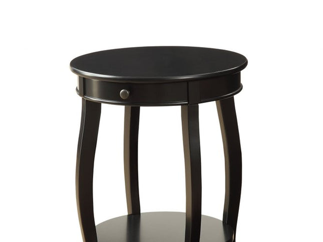 24" Black Wood Round End Table With Drawer And Shelf