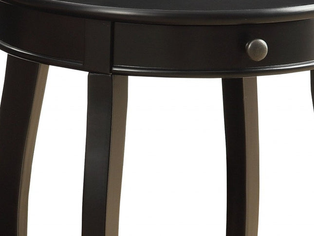 24" Black Wood Round End Table With Drawer And Shelf