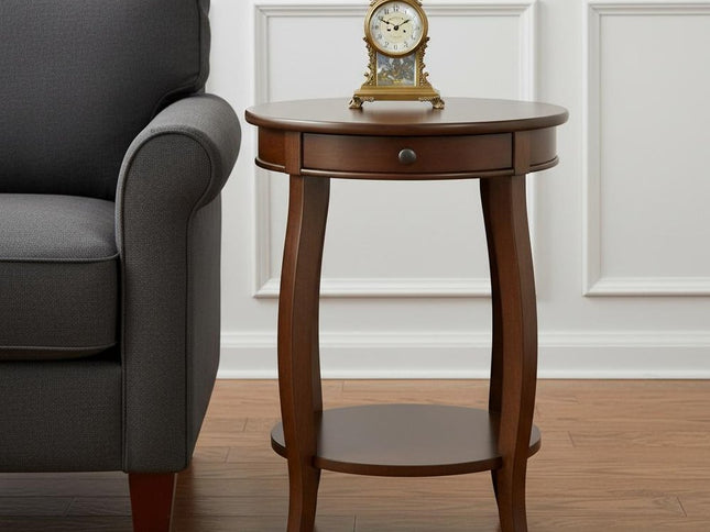 24" Brown Solid Wood Round End Table With Shelf