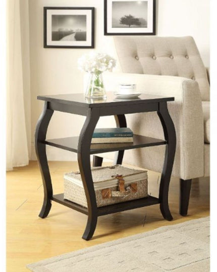 23" Black Wood Bow Leg End Table With Two Shelves