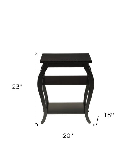 23" Black Wood Bow Leg End Table With Two Shelves