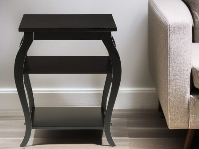 23" Black Wood Bow Leg End Table With Two Shelves