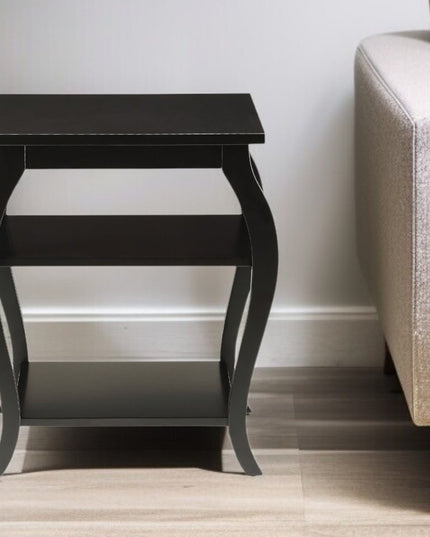 23" Black Wood Bow Leg End Table With Two Shelves