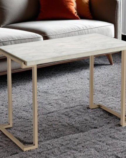 44" White and Gold Faux Marble And Iron Sled Coffee Table