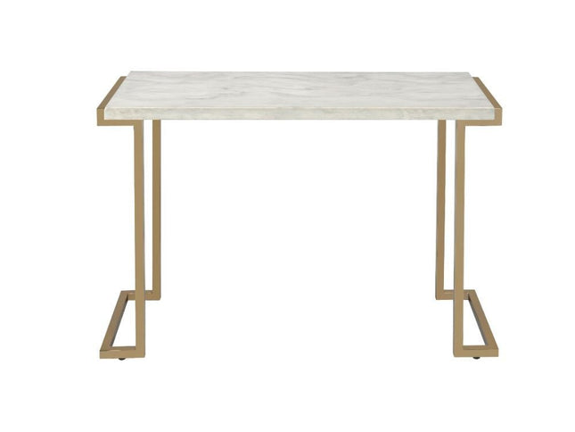 44" White and Gold Faux Marble And Iron Sled Coffee Table
