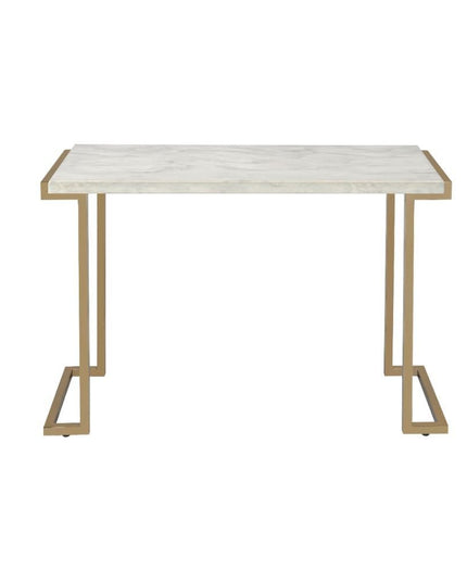 44" White and Gold Faux Marble And Iron Sled Coffee Table