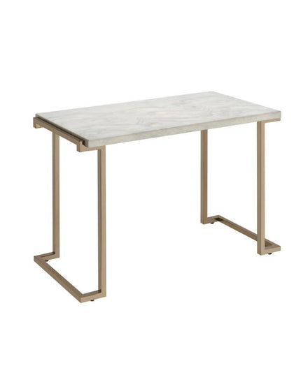 44" White and Gold Faux Marble And Iron Sled Coffee Table