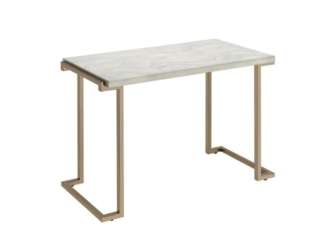 44" White and Gold Faux Marble And Iron Sled Coffee Table