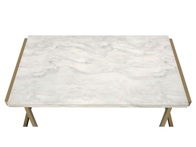 44" White and Gold Faux Marble And Iron Sled Coffee Table