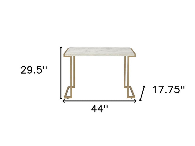 44" White and Gold Faux Marble And Iron Sled Coffee Table