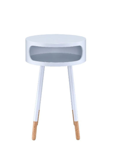 26" White and Natural Solid Wood Round End Table With Shelf