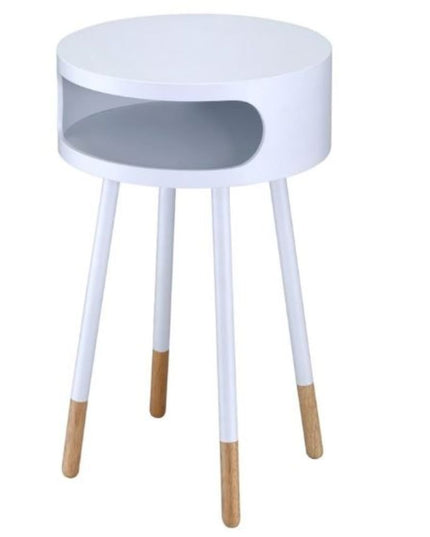 26" White and Natural Solid Wood Round End Table With Shelf