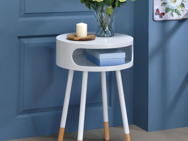 26" White and Natural Solid Wood Round End Table With Shelf