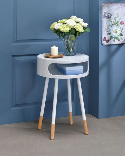 26" White and Natural Solid Wood Round End Table With Shelf