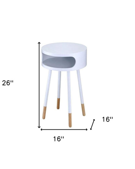 26" White and Natural Solid Wood Round End Table With Shelf