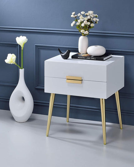 24" Gold And White End Table With Two Drawers