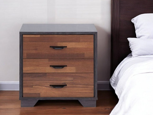 19" Espresso And Walnut Brown Three Drawer Wood Nightstand