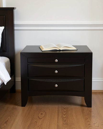 25" Black Solid Wood Three Drawer Nightstand
