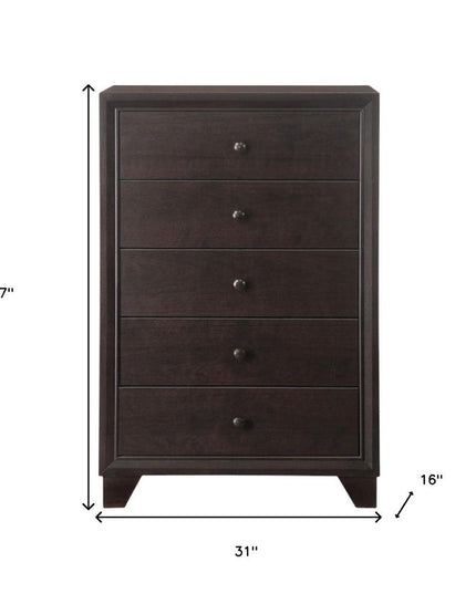 31" Espresso Solid Wood Five Drawer Dresser