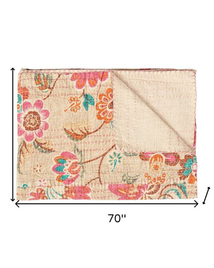 50" X 70" Beige Pink Orange and Green Cotton Kantha Floral Throw Throw Blanket with Embroidery